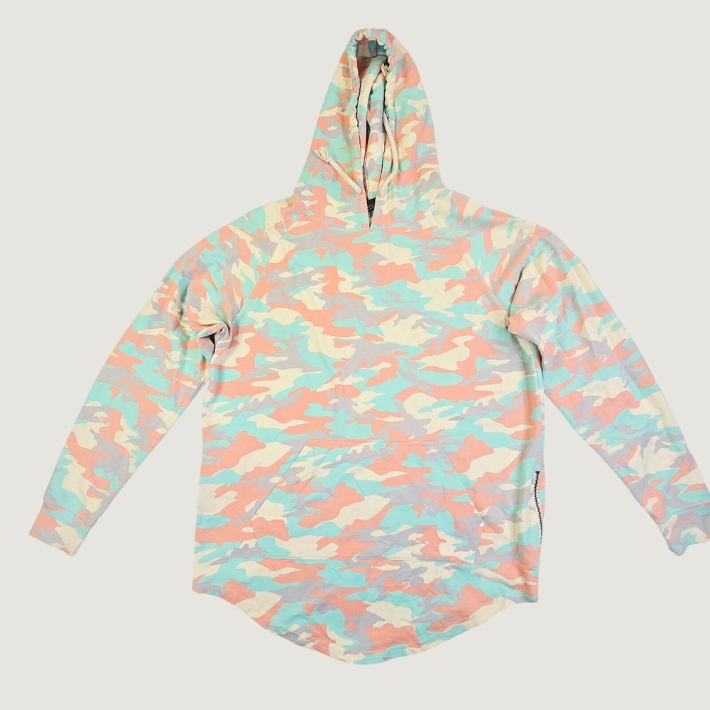 Denim House Men's Large Pastel Camo Pullover Hoodie Side Zip Curved Hem Z14